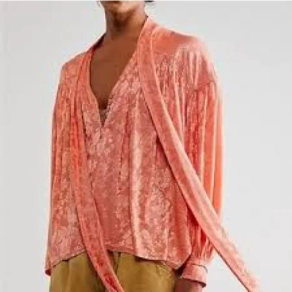 Free People Lucca Tie Neck Jacquard Coral Blouse Size S Nwot - Picture 2 of 11